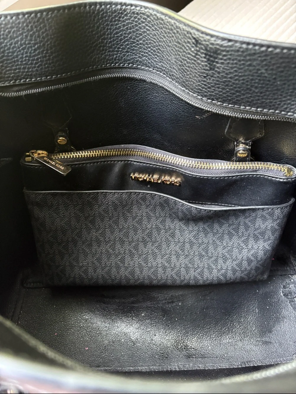 Michael Kors Black Leather Tote with Gold MK Charm - Picture 2 of 7